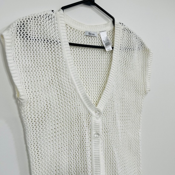 Women's White Cotton Open Knit Sleeveless Cardigan Vest Two Button V Neck - Picture 3 of 9